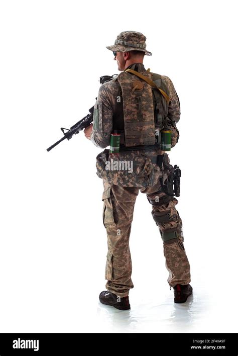 Man In Military Outfit Of The American Trooper In Modern Times On A