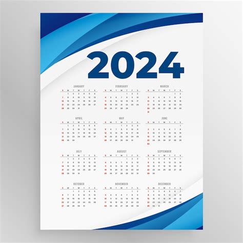 Weiß und blau 2024 englisch kalender layout eine vollseite design