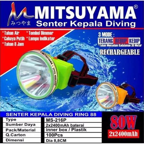 Jual SENTER KEPALA SELAM CAHAYA PUTIH 80 WATT MITSUYAMA HEADLAMP DIVING