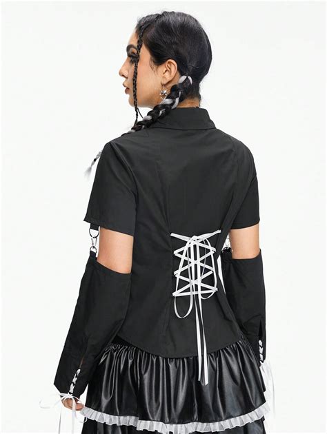 ROMWE Goth Camisa de mujer de manga desmontable con diseño de corsé de