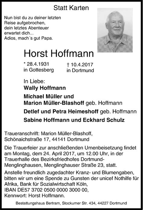 Traueranzeigen Von Horst Hoffmann Trauer In Nrw De