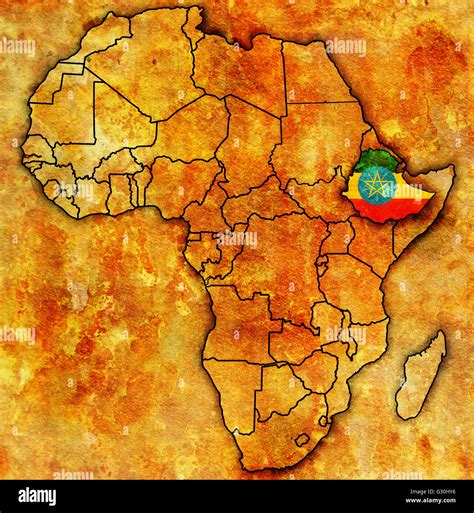 Ethiopia On Actual Vintage Political Map Of Africa With Flags Stock