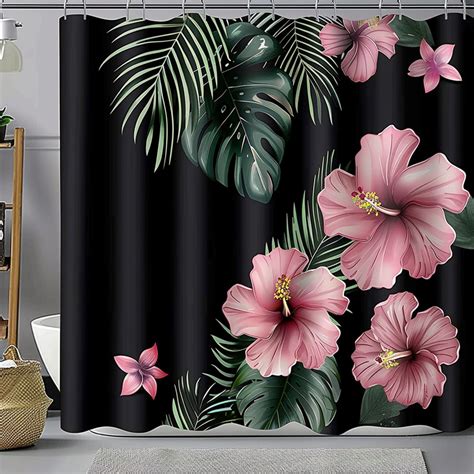 Black Pink Hibiscus Tropical Floral Shower Curtain Set Palm Leaves