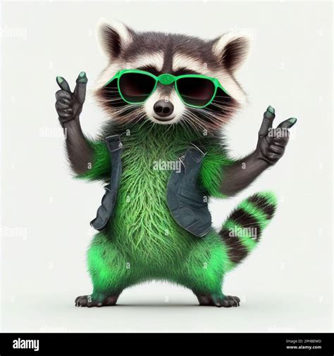 funny and rocking raccoon in green sunglasses in white background Stock ...