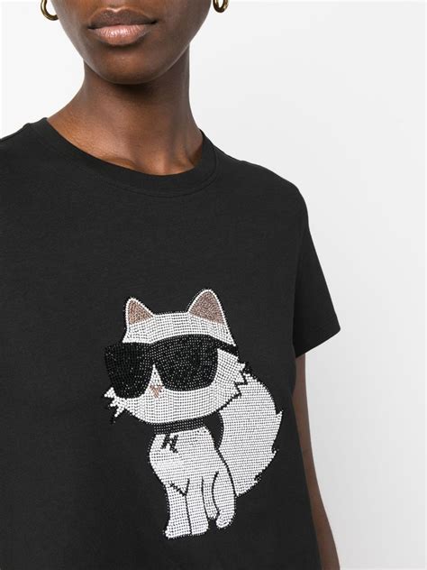 Karl Lagerfeld Ikon Choupette Rhinestone Embellished T Shirt Black