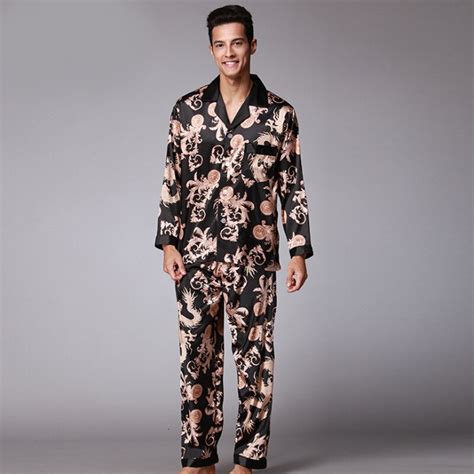 Mens Stain Silk Pajama Set Vintage Long Sleeve Dragon Sleepwear Men