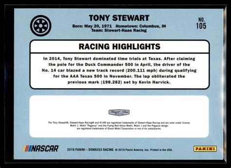 2019 Donruss Racing NASCAR Retro 1986 SILVER Parallel 105 Tony Stewart