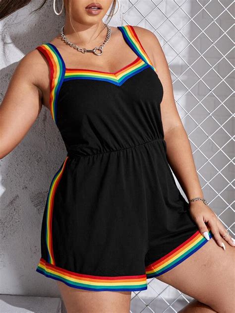 Shein Ezwear Plus Rainbow Striped Cami Romper Shein Usa