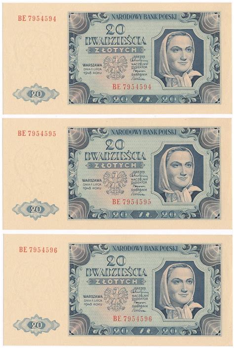 Banknoty 20 złotych 1948 seria BE lot 3 sztuk archiwum niemczyk pl