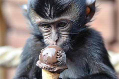 Premium Photo | Closeup of a baby monkey holding a chocolate ice cream