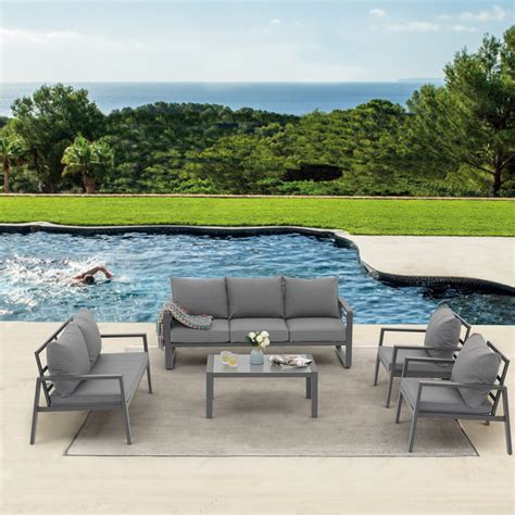 4 Piece 5 Seat Aluminum Patio Conversation Set With Cushions Led Coffee Table And Sofa On Sale