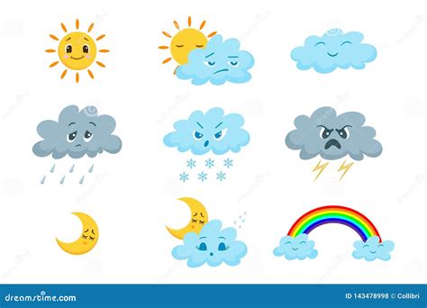 Cute Emotional Weather Icon Set Stock Vector Illustration Of Moon