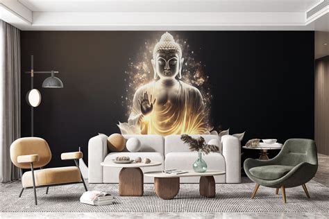 White Buddha Wall Mural For Living Room Buddha Wallpaper Etsy