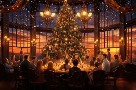Grupo De Personas Cenando En Un Restaurante Con Un árbol De Navidad Al