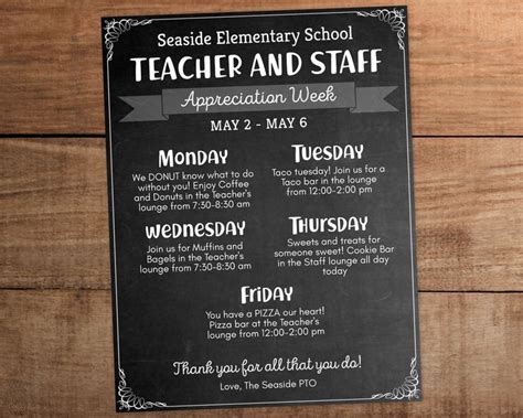 Editable Teacher And Staff Appreciation Week Schedule Itinerary Of Events Sign Printable