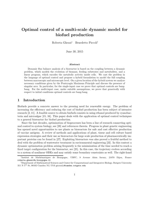 Pdf Optimal Control Of A Multi Level Dynamic Model For Biofuel Production