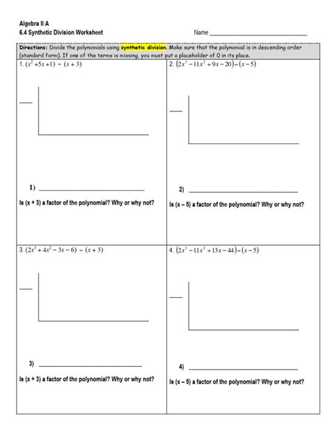 Synthetic Division Worksheet | PDF