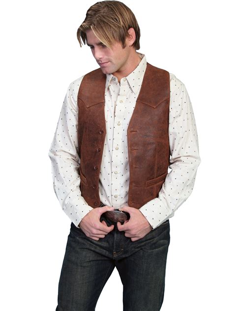 Pungo Ridge Scully Mens Vintage Lamb Western Vest Single Point Brown Scully Mens