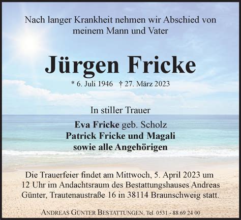 Traueranzeigen von Jürgen Fricke trauer38 de