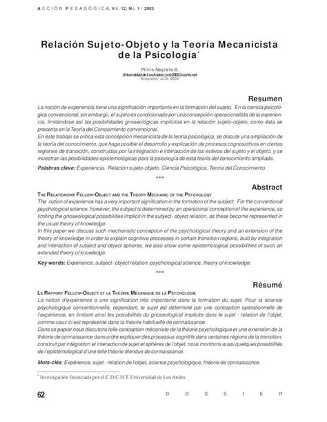 PDF Relación Sujeto Objeto y la Teoría Mecanicista de la