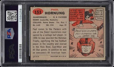 Topps Fb Card Paul Hornung Green Bay Packers Rookie Rc Hof