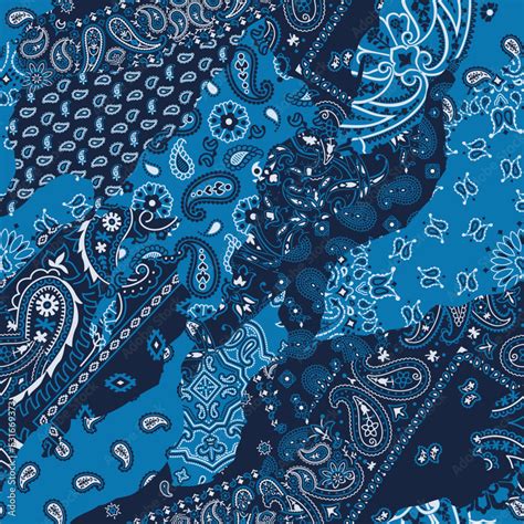 Blue Paisley Bandana Fabric Patchwork Abstract Vector Seamless Pattern