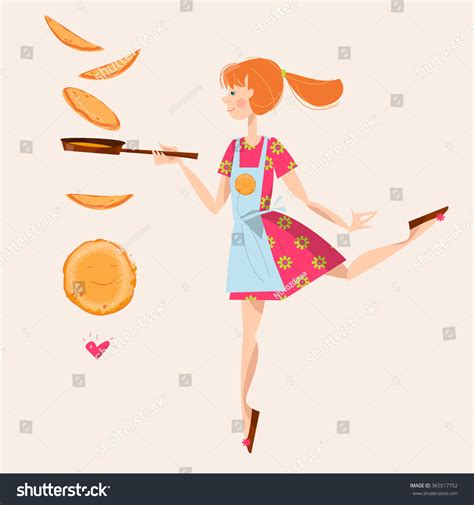 Girl Tosses Pancakes On Frying Pan Stock Vector 365517752 Shutterstock