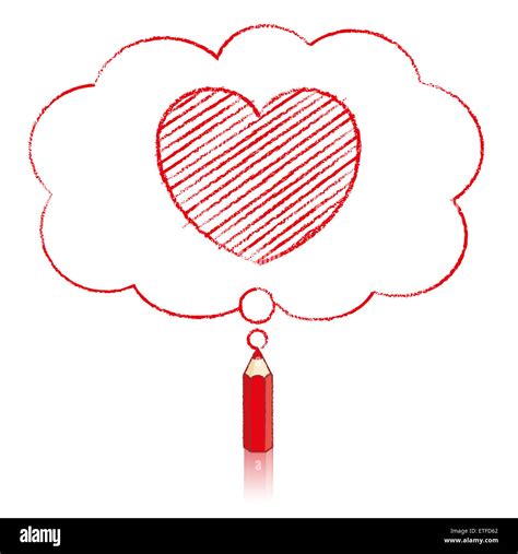 Red Pencil With Reflection Drawing Heart Icon In Fluffy Cloud Shaped