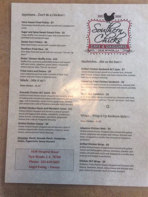 Menu Of Southern Chicks Cafe And Daiquiris In New Roads La 70760