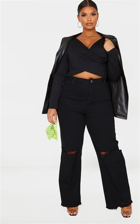 Plus Black Rib Wrap Detail Top Plus Size Prettylittlething Usa