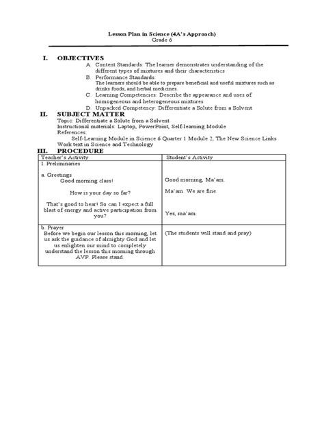 Lesson Plan In Science 6 Pdf Solubility Mixture