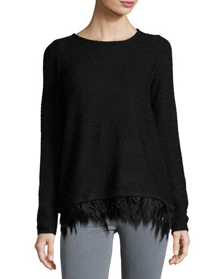 Feather Trim Sweater Trim Sweater Waffle Knit Sweater Black Feathers