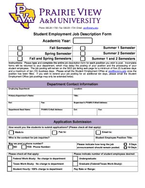 Fillable Online Pvamu Student Employment Job Description Form Academic