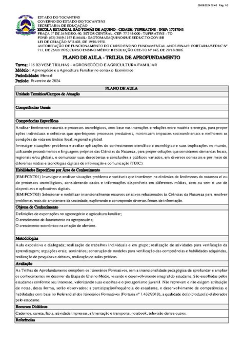 Plano de Aula - Trilha de Aprofundamento 116.02 VESP: Agronegócio e Agricultura Familiar - Studocu
