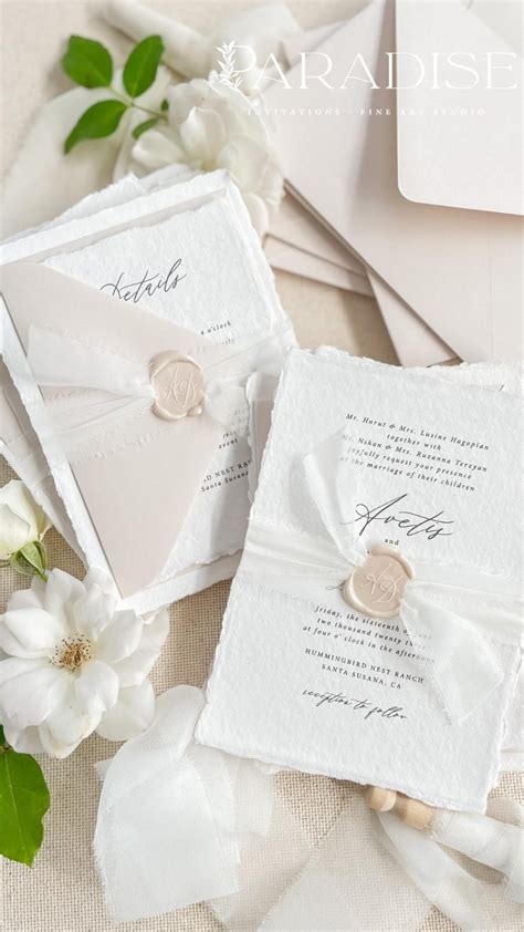 Handmade Paper Wedding Invitations Almond Envelopes Silk Ribbons And