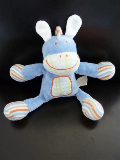 A Doudou Peluche Tape A L Oeil Ane Cheval Bleu Raye Orange Blanc