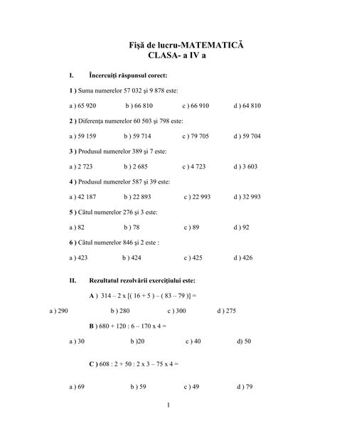 Fisa Matematica Clasa 2