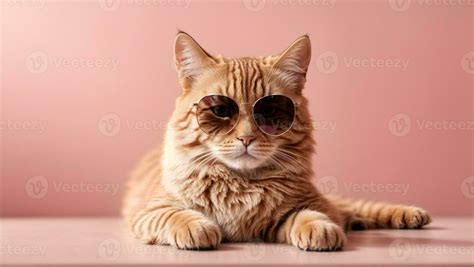 Closeup Portrait Of Funny Ginger Cat Wearing Sunglasses Isolated On