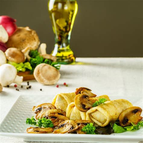 Hot Russian Pancakes or Blini with Mushrooms. Stock Image - Image of cake, holiday: 104215205