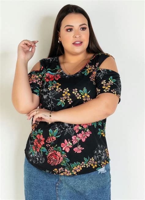 Blusa Floral Com Ombros Vazados Plus Size Marguerite