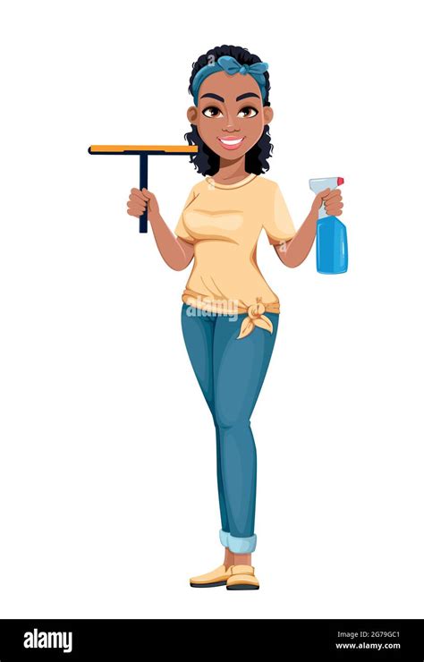 Pretty African American Housewife Holding Sprayer And Squeegee Cute