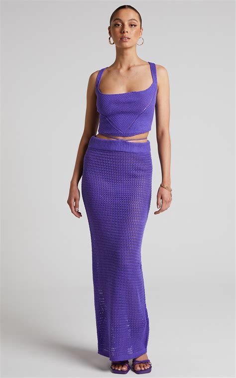 Aveda Two Piece Set Crochet Lace Up Back Crop Top And Maxi Skirt In Purple Showpo