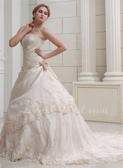 Ball Gown Strapless Chapel Train Satin Organza Wedding Dress With