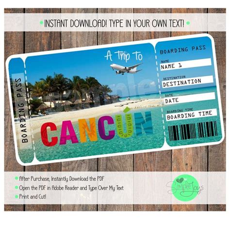 Printable Ticket To Cancun Boarding Pass Surprise Vacation Trip Ticket