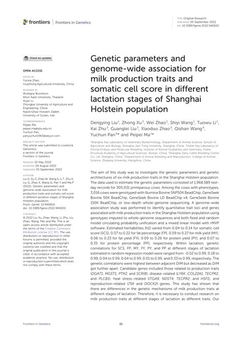 Pdf Genetic Parameters And Genome Wide Association For Milk Production Traits And Somatic Cell