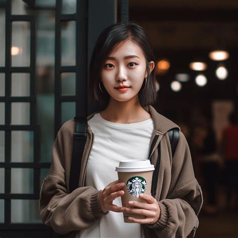 Premium AI Image | a woman holding a starbucks cup in her hand.