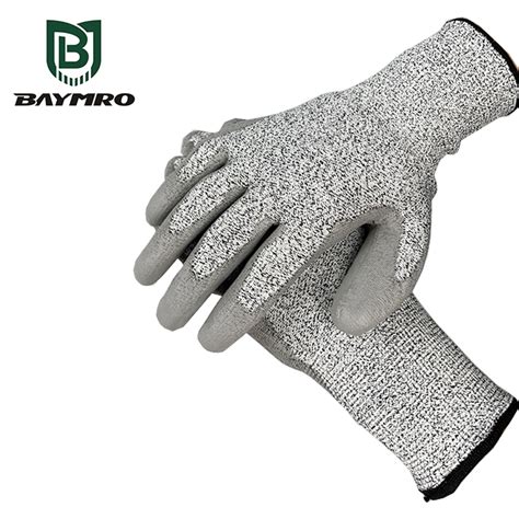 Gray Level 5 Hppe Cut Resistant Pu Palm Coating Safety Work Gloves