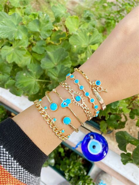 Gold Link Chain Bracelet Evil Eye Bracelet Blue Evil Eye Etsy