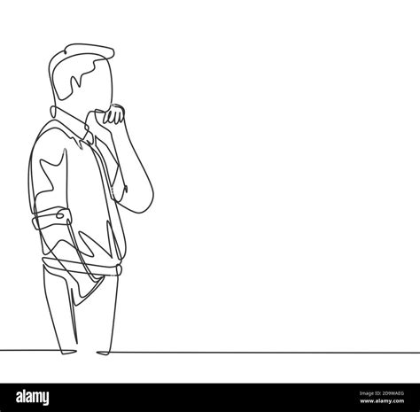 One single line drawing of young male worker seriously staring out of ...