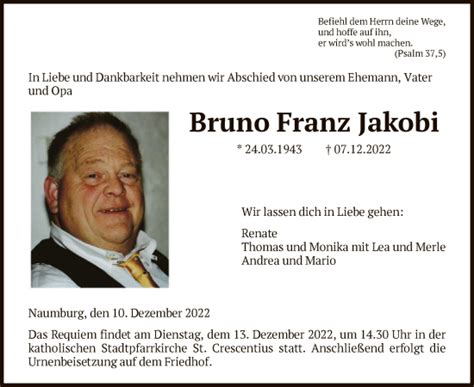 Traueranzeigen Von Bruno Franz Jakobi Trauer Hna De